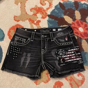 Miss Me Signature Distressed Black Jean Shorts with Flag Patch